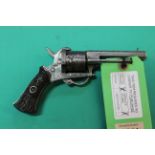 An engraved six shot 7mm pin-fire revolver with Gutta-Percha grips,