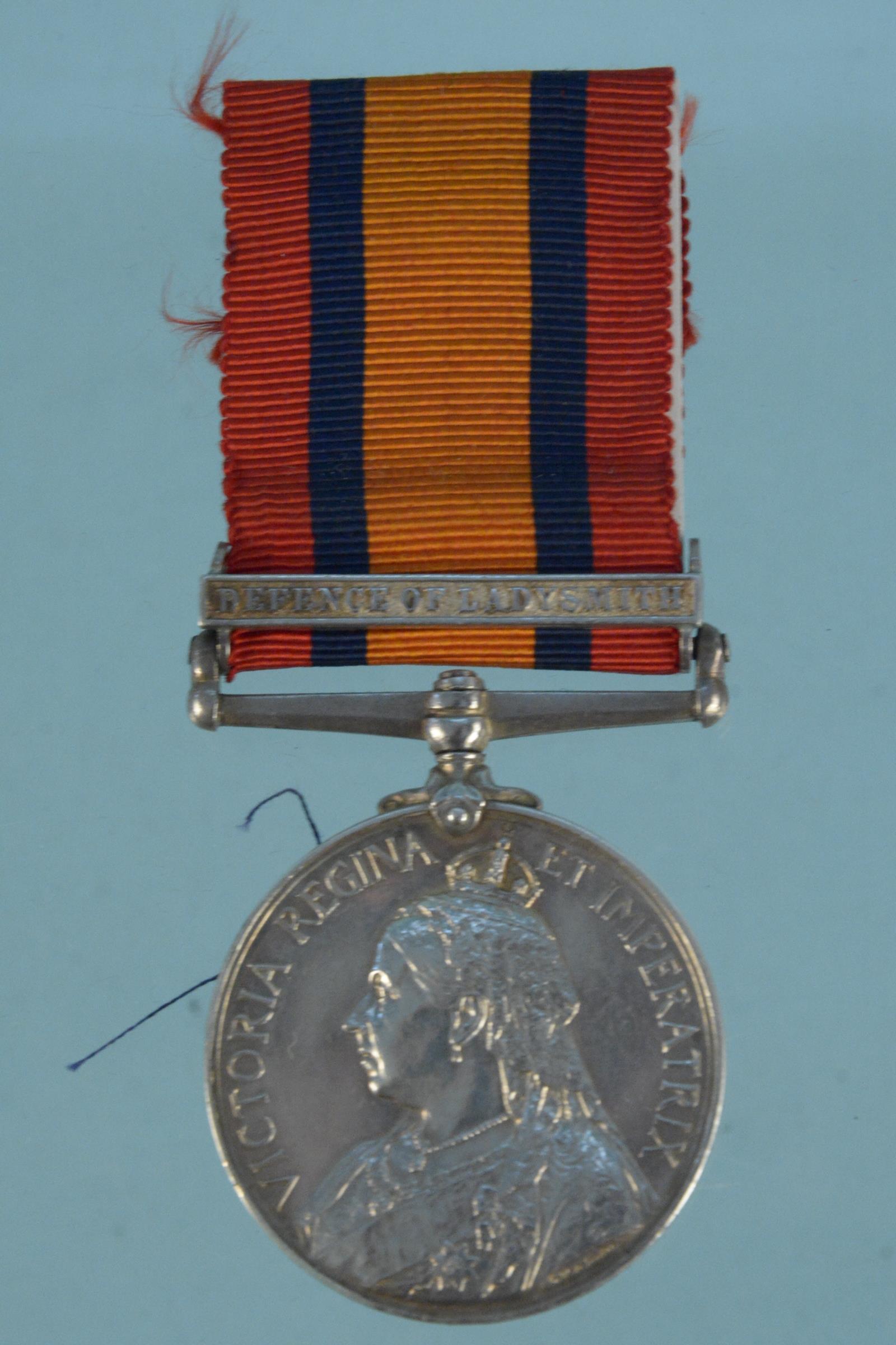 A Q.S.A. medal with Defence of Ladysmith clasp to 8851 Cpl W.G.Phillips K.R.R.C.