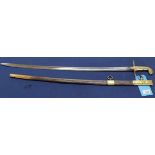 A Mameluke style sword with brass hilt and brass mounted brown leather scabbard, approx 32",