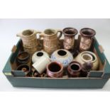 A box of stoneware and a pair of pottery jugs plus a pair of Bretby vases with chicken decoration