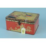 A vintage 'Blue Bird Luxury Assortment' biscuit tin with vintage cotton reel contents