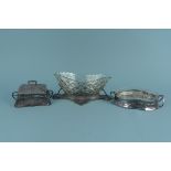 A white metal Art Nouveau style two glass insert dish,