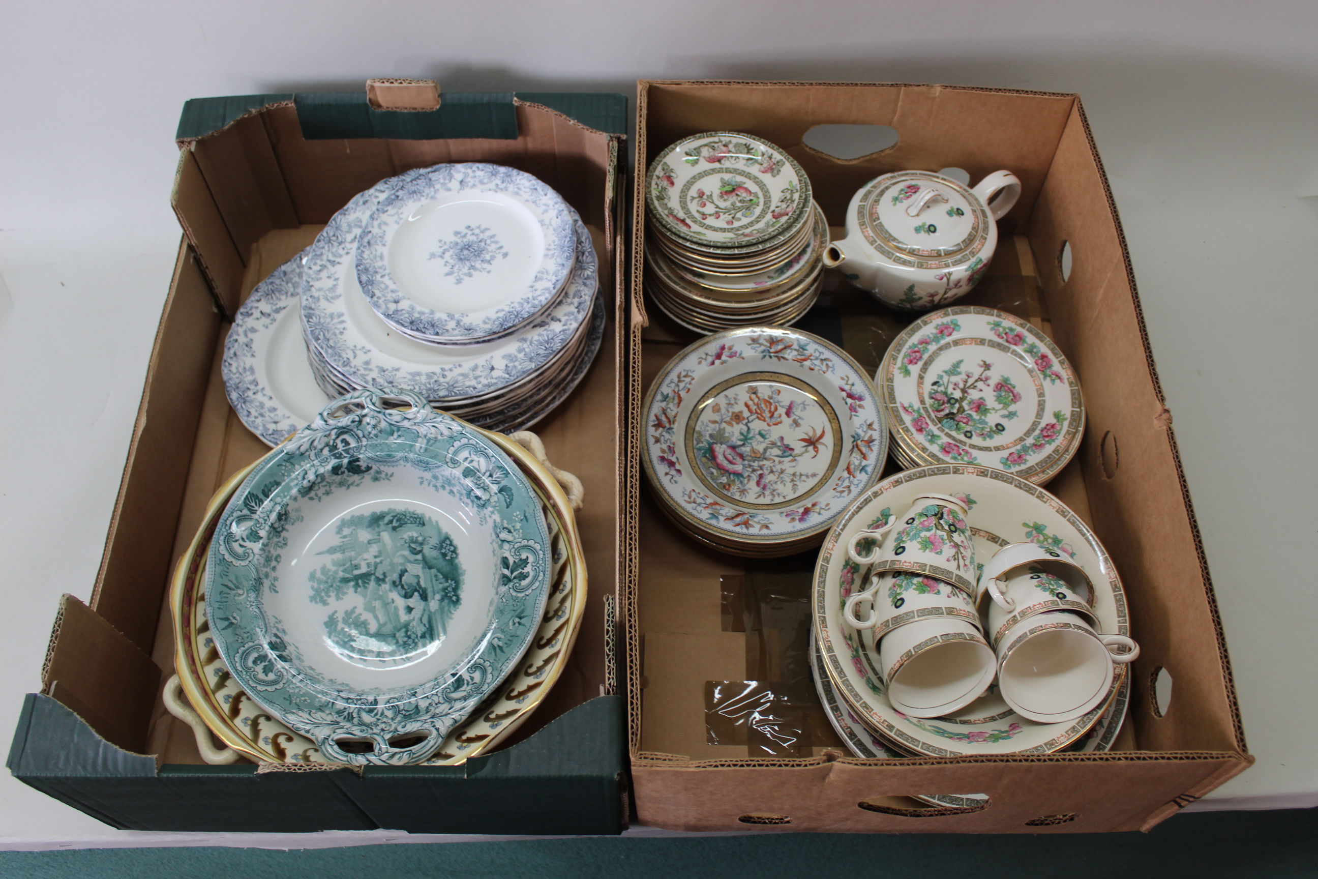 A part Indian Tree pattern dinner/tea service plus Staffordshire soup bowls, dinner plates,