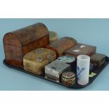A selection of boxes including a late 19th Century velvet covered jewellery box with white metal