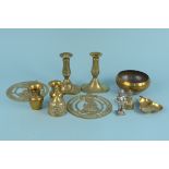 A selection of mixed brass ware including a pair of candlesticks,