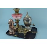 A mixed lot viz: a brass and painted glass oil lamp, small silver plated samovar, copper coffee pot,