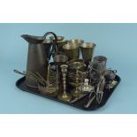 Mixed metal ware including a copper jug, wine goblets, a miniature set of copper saucepans,