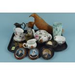 A mixed lot containing a Staffordshire cat and boot spill vase, miniatures,