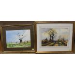 A framed watercolour of a country scene by Clive Pryke plus a watercolour by G W Miller