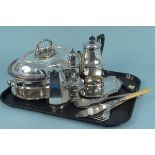 A selection of silver plated items including a tureen on stand, sugar sifter,
