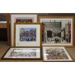 Five assorted framed prints including Lowry and Linda Jane Smith