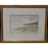 A framed watercolour 'Low Tide East Hills, Wells, Norfolk', signed Jason Partner,