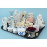 Various china items including an oval egg cup basket with six egg cups, trinket boxes,