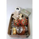 A mixed box of ceramics and wood ware including barometer,