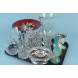 Mixed glassware and silver plated items including a bottle coaster, a red glass footed bowl,