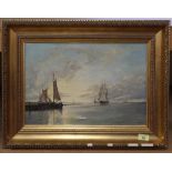 A framed oil on canvas of a coastal scene with fishing boats at a pier and a sailing ship at anchor,