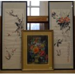 A pair of faux bamboo framed mid century Chinese silk paintings plus a framed pastel painting