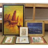 Five assorted framed paintings including two naive watercolours and an abstract oil by Leonard Long