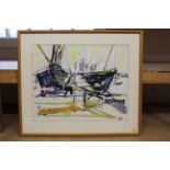 A framed watercolour of two boats in dry dock 'Barge & Smack' by Geoffrey King (1941-)