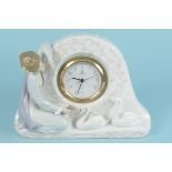 A 1990 Lladro vintage mantel clock of a lady with swans,