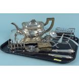 A pair of Walker & Hall plated toast racks, a plated teapot,
