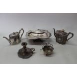 Two silver plated teapots, a cake basket,