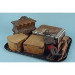 Various wooden boxes including an ornate carved jewellery box,