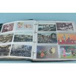A large well filled postcard album with early 20th Century cards, subjects include advertising,
