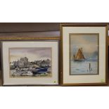 A framed watercolour of a harbour signed John H.