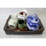 A box of mixed ceramics including a Victorian blue and white soup tureen with ladle (the ladle is