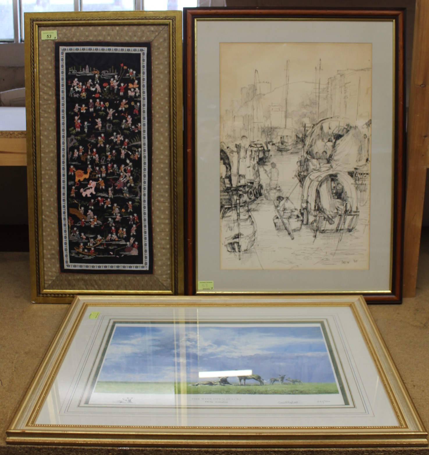 A framed print in pen and ink by Drew '85 plus a Chinese framed silk