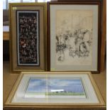 A framed print in pen and ink by Drew '85 plus a Chinese framed silk