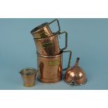 A set of three Victorian copper and brass 'grain' measures,
