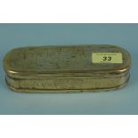An 18th Century Dutch brass tobacco box engraved with town scene and script, 16.
