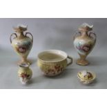 A pair of late 19th Century pottery two handled vases plus a part toilet set of a chamber pot,