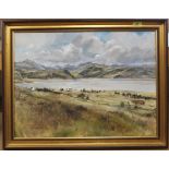 A framed oil painting of a lake scene by David L Roberts (1934-1997)