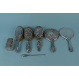 Silver backed dressing table items and a silver plated lidded jar