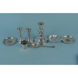 A mixed lot comprising of a silver shell form butter dish, silver spoon, 800 grade napkin ring,