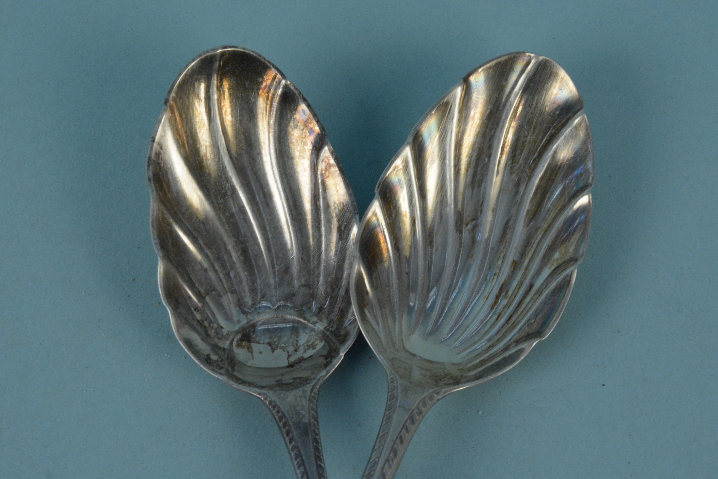 Two similar Georgian silver spoons with patterned bowls (one rubbed marks), - Image 2 of 3