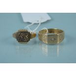 Two 9ct gold signet rings, one set with a small diamond to centre, the other with engraved initials,