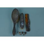Three silver mounted dressing table items plus a small quantity of costume jewellery
