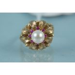 A 9ct gold pearl and pink stone set floral design ring, size L, weight approx 4.