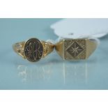 Two 9ct gold signet rings, one set with small diamond to centre, the other with lion form shoulders,