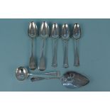 A collection of silver cutlery including Victorian and Georgian spoons and a continental server,