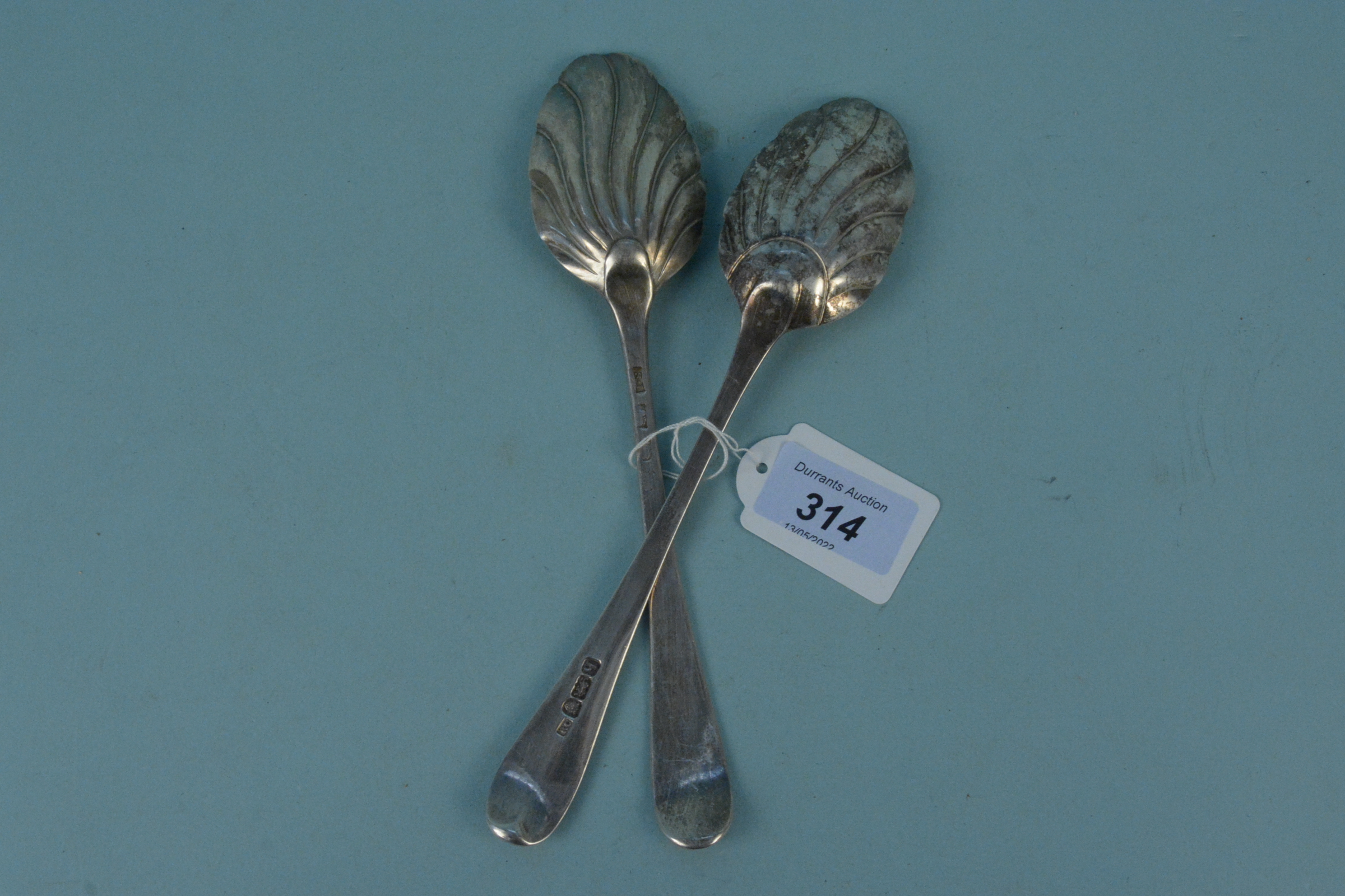 Two similar Georgian silver spoons with patterned bowls (one rubbed marks), - Image 3 of 3