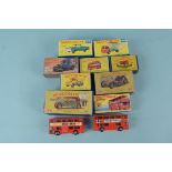 A Matchbox no. 38 Refuse Truck and 56 Trolley bus (boxed), plus various Matchbox toys and empty boxe