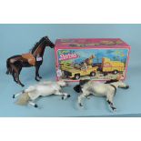 A boxed Western Barbie Four Wheel Drive Horse Trailer and horses
