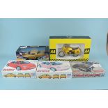 Three vintage boxed 'Tamiya' cars plus a Muscle Machines '58 Impala and an 'AA' Rescue motorcycle