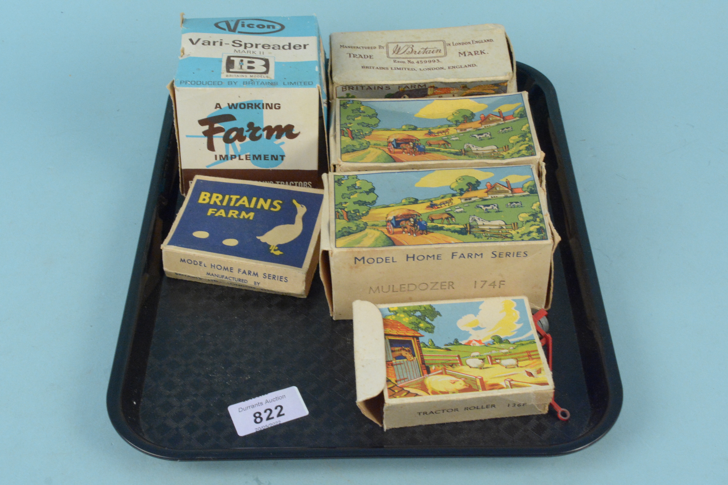 Six vintage boxed Britains farm accessories including 9538 vari spreader,