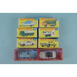 A selection of vintage Matchbox vehicles including a Ford Mustang and two Mini Dinkys